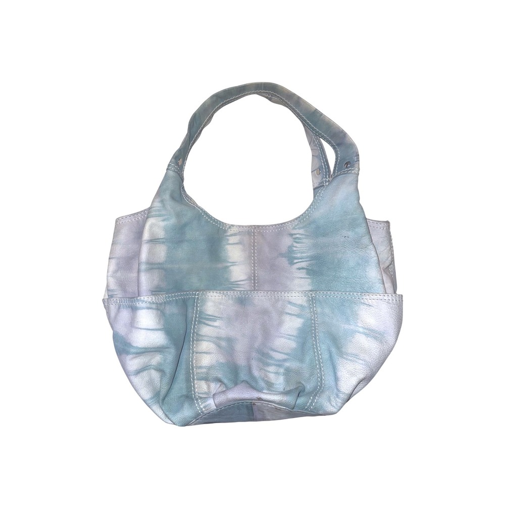 B. Makowsky Blue White Tie Dye Leather Hobo Shoulder Bag Slouchy Tote Handbag